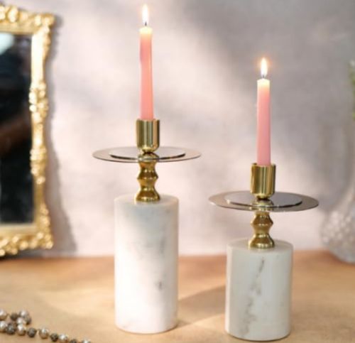 Polished Plain Marble & Wooden Candle Stand, Color : White