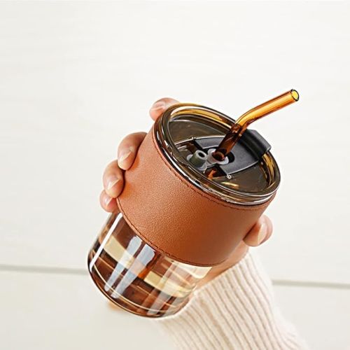 SM Enterprise Glass Mug with Straw, Color : Brown Modern