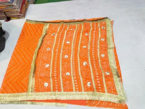 Embroidered Cotton Orange Gota Work Saree