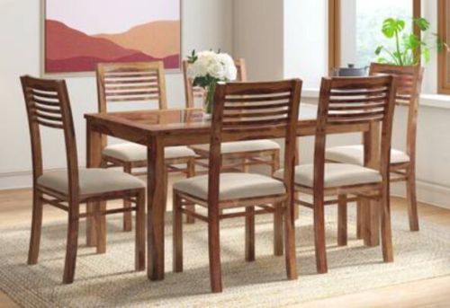 Polished Glass Top Wooden Dining Table Set, Brand Name : INDIA