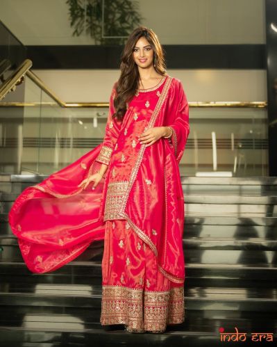 Zoya Simar Silk Designer Top Plazzo Dupatta Set, Color : Pink