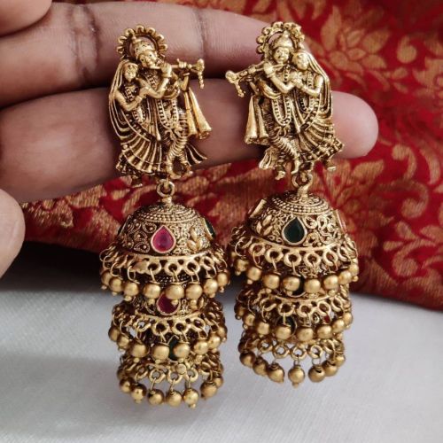 Gold Polished Antique Jhumka Party Wear