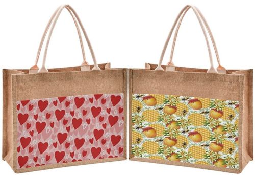 Large Natural Jute - Tote Bag with Printed Canvas Pocket - KJC - 015