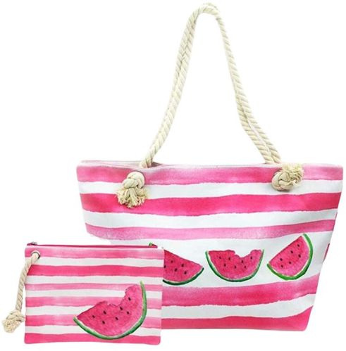 Light Weight and Large Cotton Canvas Beach Bag with Outer Pocket Top Zipper Closure - KCC - 022