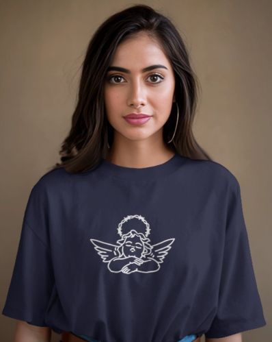 Wings & Whispers Overaized Tee, Color : Navy Blue