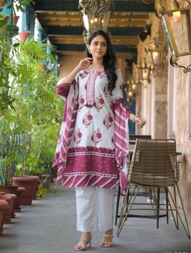 Ladies Cotton Jaipuri Kurti Pant and Dupatta Set
