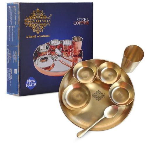 Indian Art Villa Handcrafted Pure Brass Matt Finish 7 Pieces Dinner Set