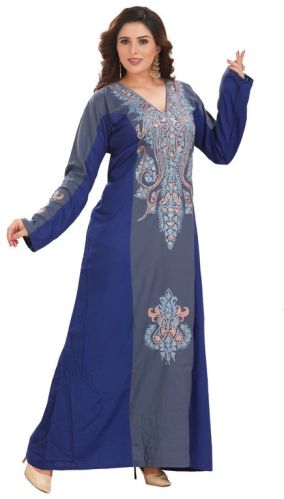 Women Elegant Dark Blue and Gray Embroidered Cotton Kaftan Gown