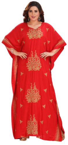 Harish Exporter Women Red Embroidered Rayon Farasha Kaftan