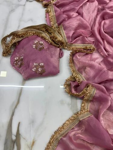 Barbie Pink Shimmery Tissue Saree With Pretty Lace Work