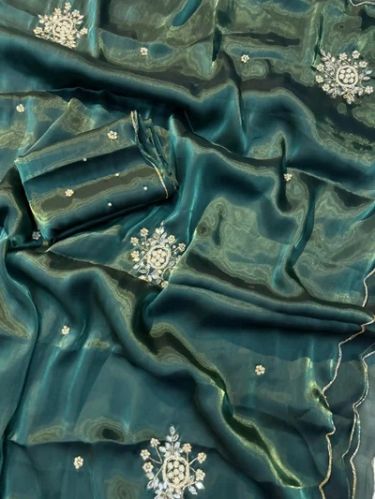 Bottle Green Shimmery Tissue Handwork Saree