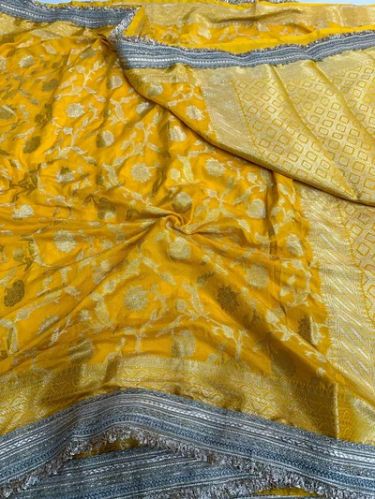 Bright Yellow Crepe Georgette Floral Banarasi Saree