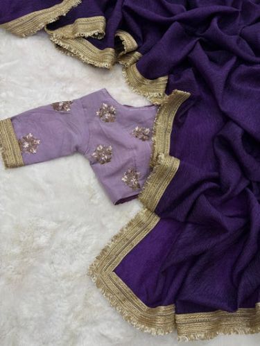 Deep Purple Crushed Softsilk Designer Saree, Saree Length : 5.5 Meter