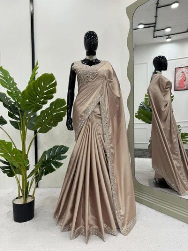 Light Beige Designer Premium Satin Saree, Saree Length : 5.5 Mtr