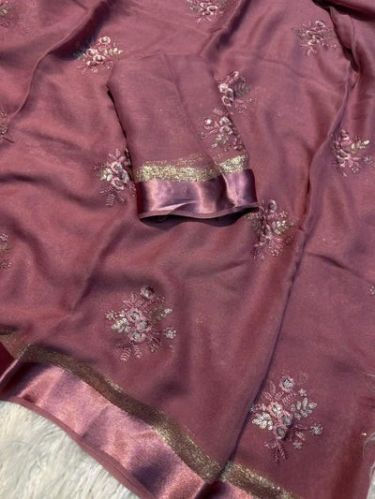 Mauve Premium Viscose Georgette Embroidered Saree, Weight : 450 Gms