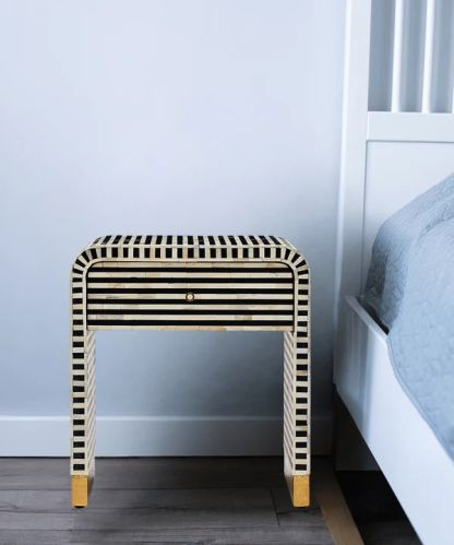 Ebony Essence Bone Inlay Bedside Table, Color : Black For Bedroom