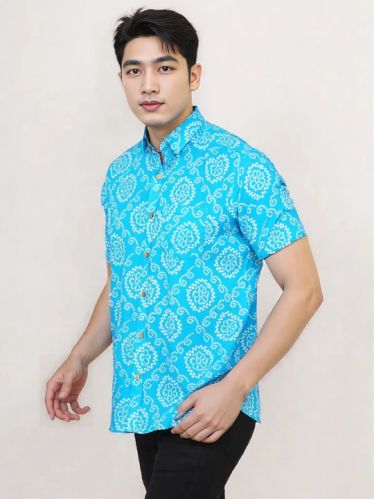 Men Sanganeri Cotton Bhandej Print Blue Shirt