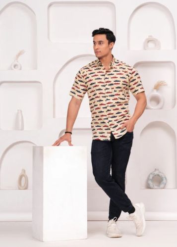 Men's Vintage Car Print Casual Short Sleeve Shirt