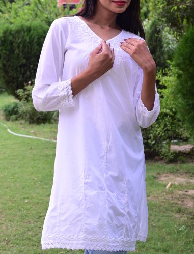 Ladies Cotton Chikan Kurti, Color : White XS-XXXL