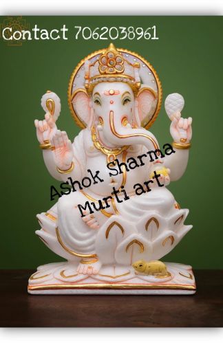Plain Polished White And Golden Ganesh Marble Statue