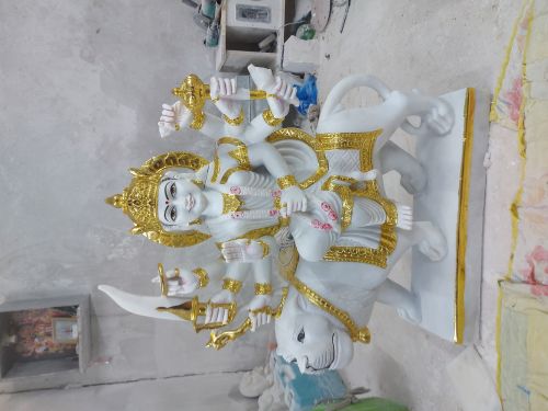 Plain White And Golden Marble Durga Statue, Technique : Handmade