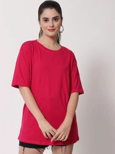 Solid Lycra Cotton Round Ladies Plain T-Shirts, Color : Red