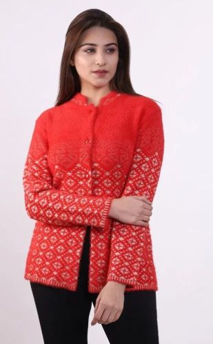Wool Blend Red And White Ladies Sweater Winter Outings for Casual Wear