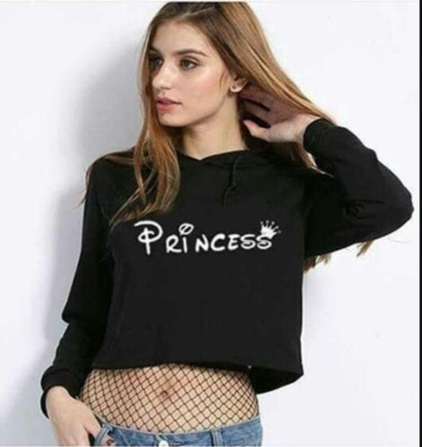 Cotton Blend Women Black Crop Hoodies Casual for Everyday Wear