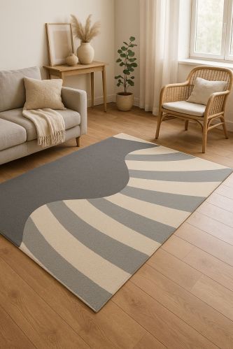 Modern Beige and Gray Wave Stripe Hand Tufted Carpet