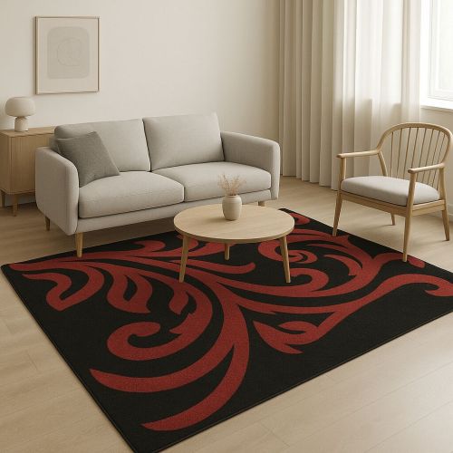 Modern Black and Red Bold Swirl Pattern Carpet