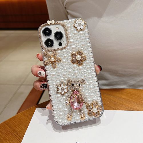 Handmade Decorative Pearl and Diamond Bear iPhone 16 Plus Phone Case