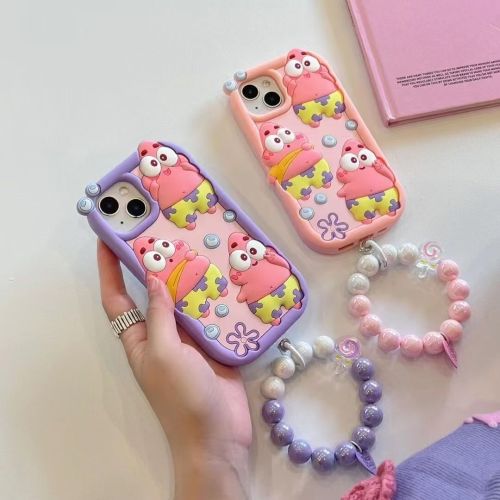 Patrick Star Cartoon TPU (Soft) Silicone iPhone 14 Pro Phone Case with Bracelet