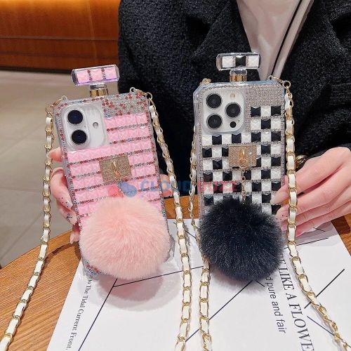 Rehinestone Perfume Bottle Iphone 13 Pro Max Phone Case with POM POM Charm and Sling