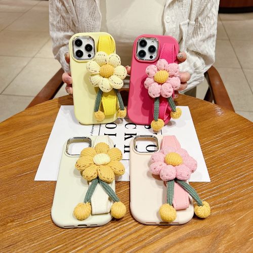 Silicone Metal Ring Flower Wrist Strap Holder iPhone 14 Plus Phone Case