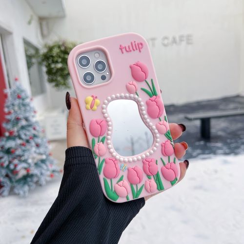 Silicone Tulip Embossed Pearl Mirror iPhone 16 Pro Max Phone Case
