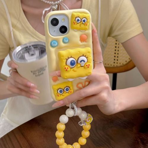 Spongebob Stand Silicone Soft iPhone 15 Pro Phone Case with Bracelet