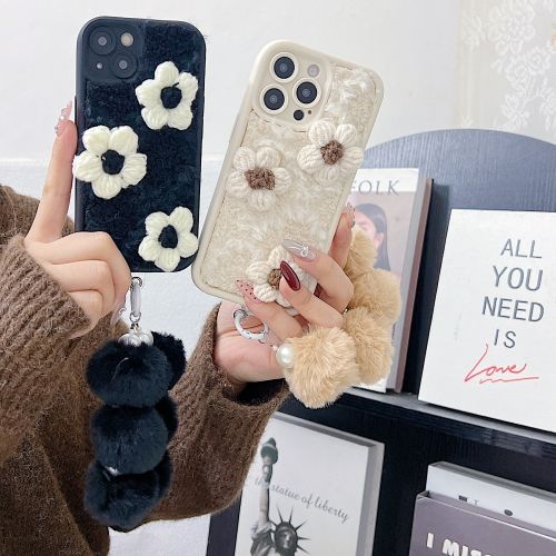 Woolen Flower Furry TPU (Soft) Camera Protection iPhone 16 Pro Phone Case with Bracelet