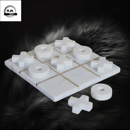 Handmade White Marble Tic Tac Toe Board Game with Brass Inlay Work