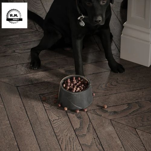 Sleek Matte Black Marble Dog Bowl, Shape : Round