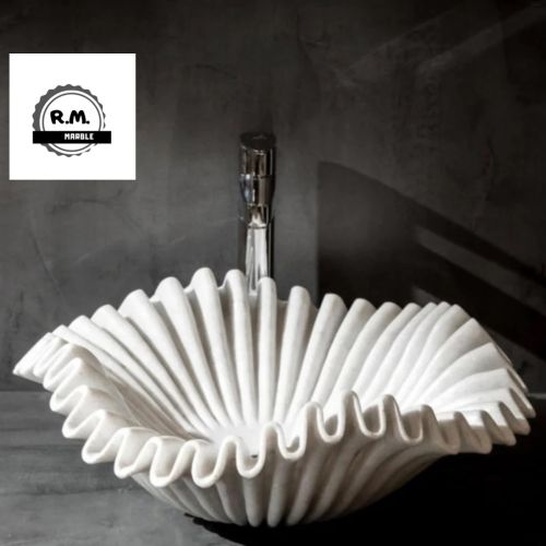 White Marble Designer Finish Bathroom Hand Carved Washbasin