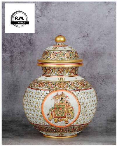 White Marble Gold Painted Matki with Antique Painting