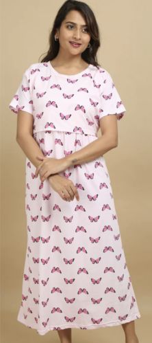 Printed Maternity Feeding Frock Nighty, Color : Pink