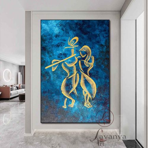 Canvas Radha Krishna Decorative Wall Art, Color : Blue, Gold