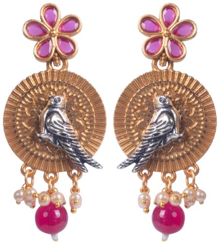 Antique Gold Plated Bird & Flower Drop Earrings with Pink Stones
