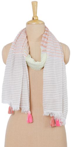 Festive Blush Stripe Cotton Shawl with Red Tassels
