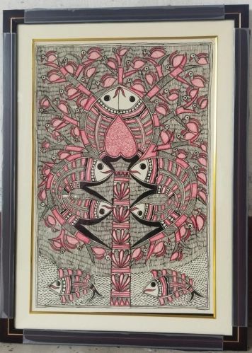 National Bird Peacock And Good Luck Fish Madhubani Painting