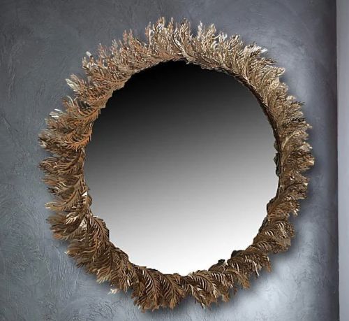Wrought Iron Shiny Ferns Wall Mirror For Decor, Color : Black