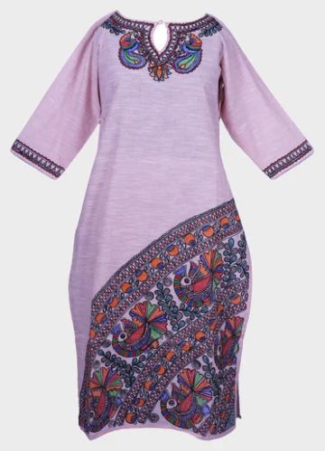 Hand Painted Madhubani Kurti Dancing Peacock Design