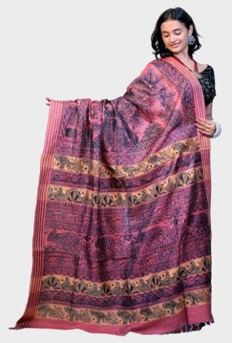 Hand Painted Madhubani Eri Silk Saree with Traditional Radha Krishna Ras Design