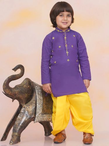 Kid1 Aari Embroidered Handloom Purple Kurta Dhoti Set